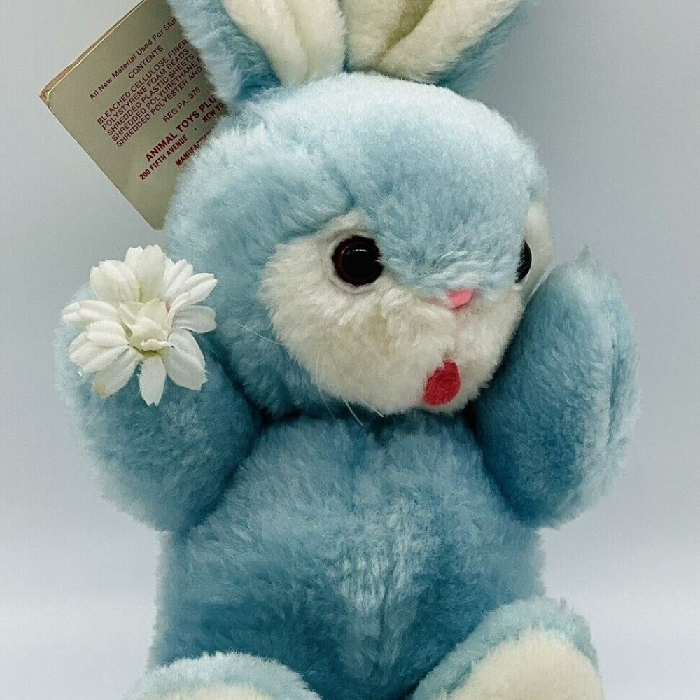 Animal Toys Plus Bunny Rabbit Plush Blue White‎ Stuffed Animal Flower 1981
